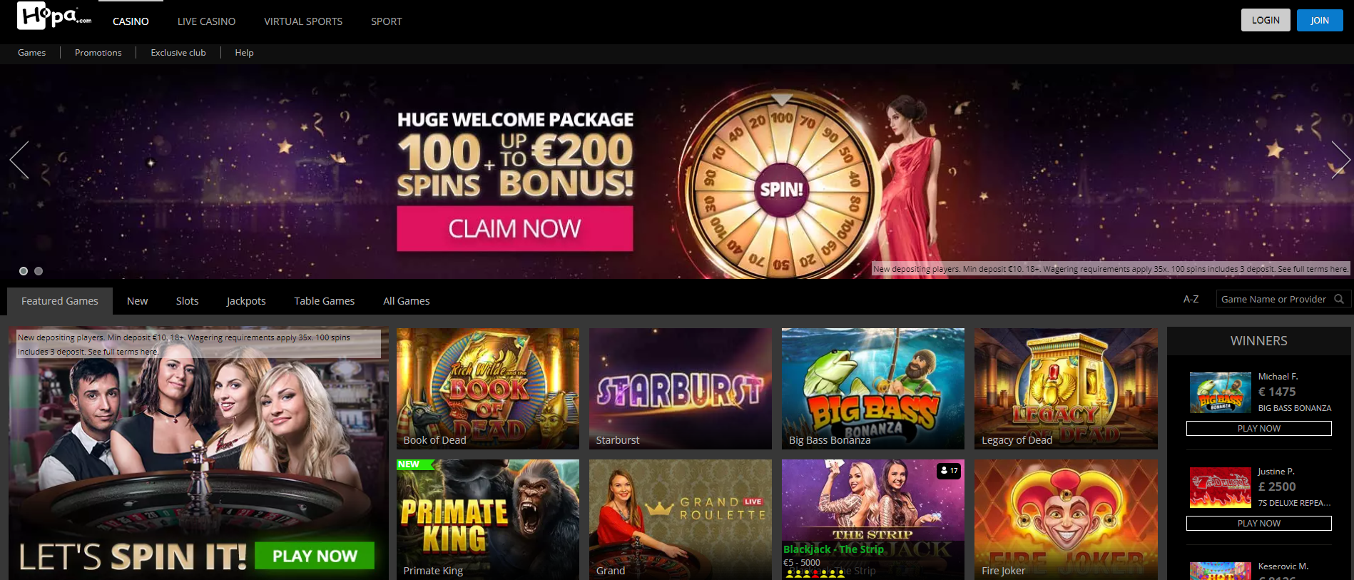 Capture d'écran du site officiel de Hopa Casino