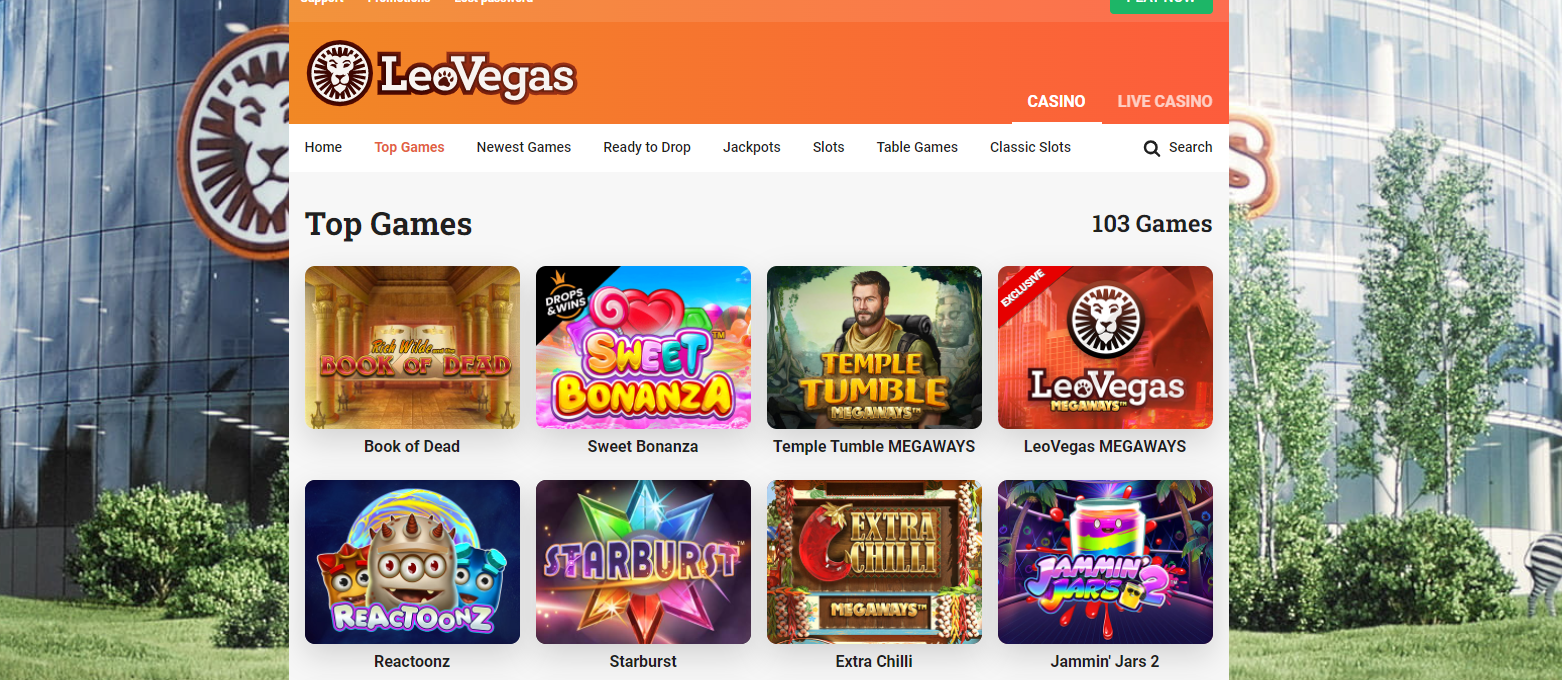 Screenshot of the official website of LeoVegas Casino