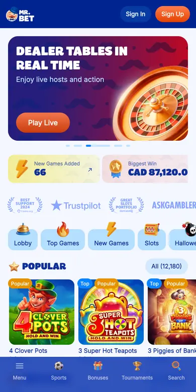 Mr Bet mobile lobby